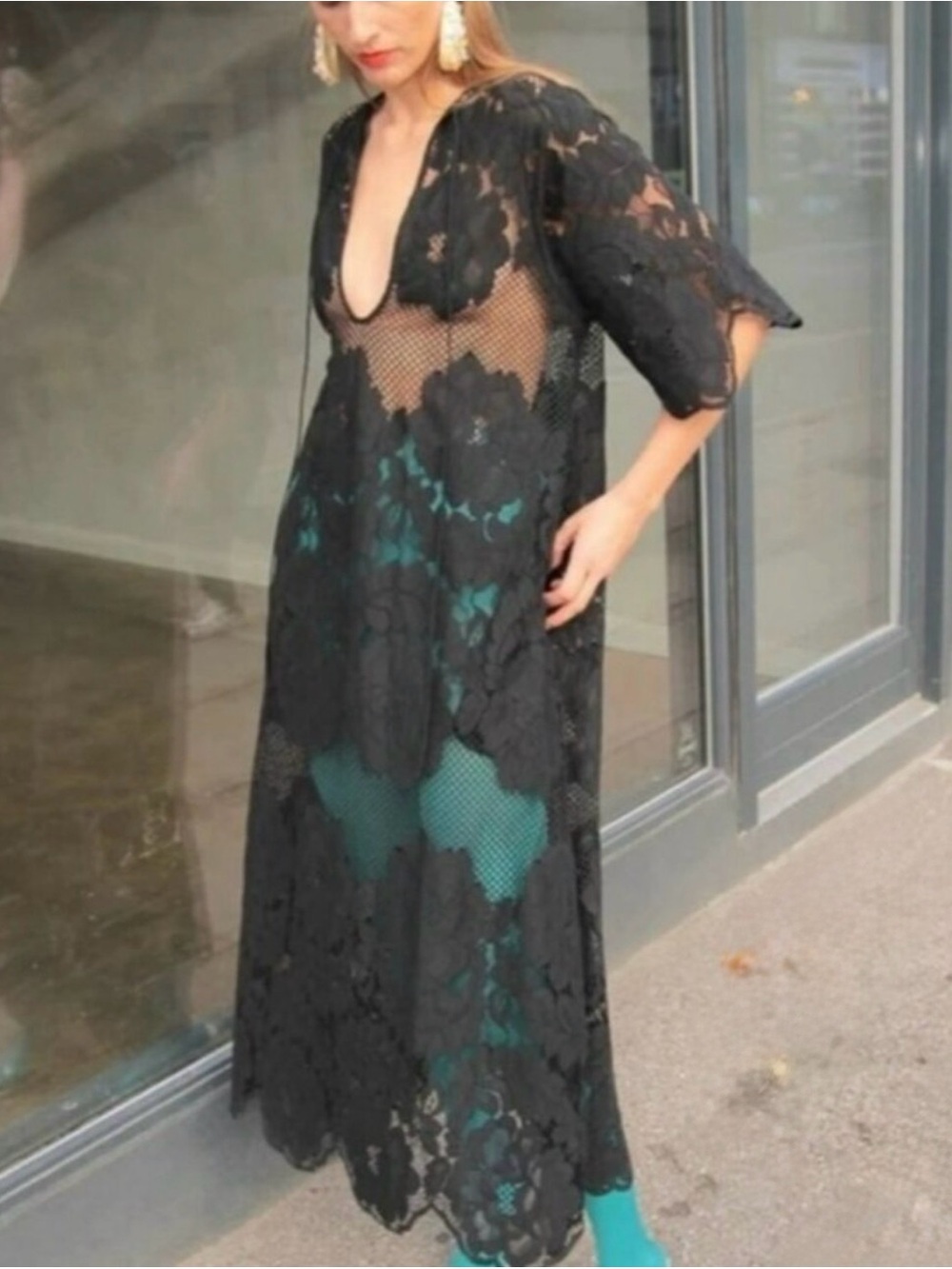 Mr. Larkin Black Lace Sheer Lola Maxi Dress with Deep V